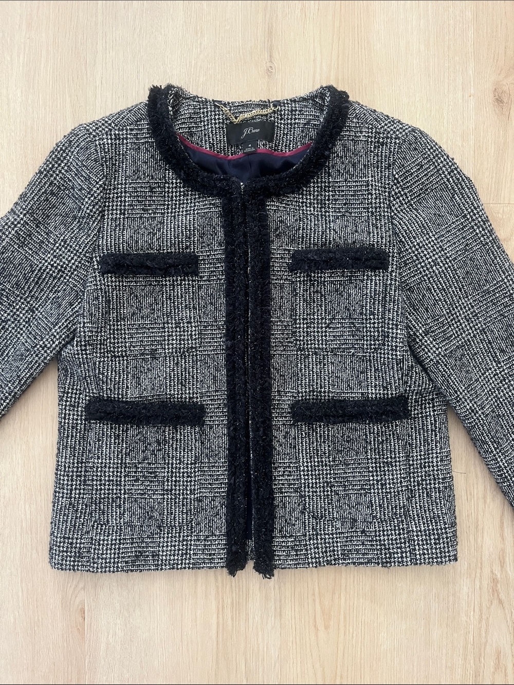 J. Crew Wool Tweed Plaid Lady Jacket with Sparkly Black Trim Size 4